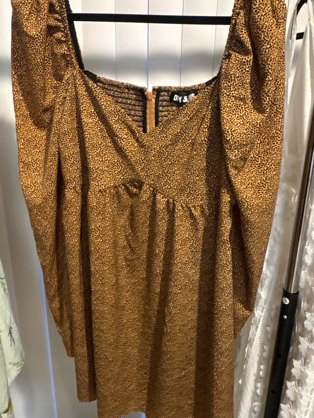 DKNY Gold Brown Leopard-Print Puff Sleeve Tunic